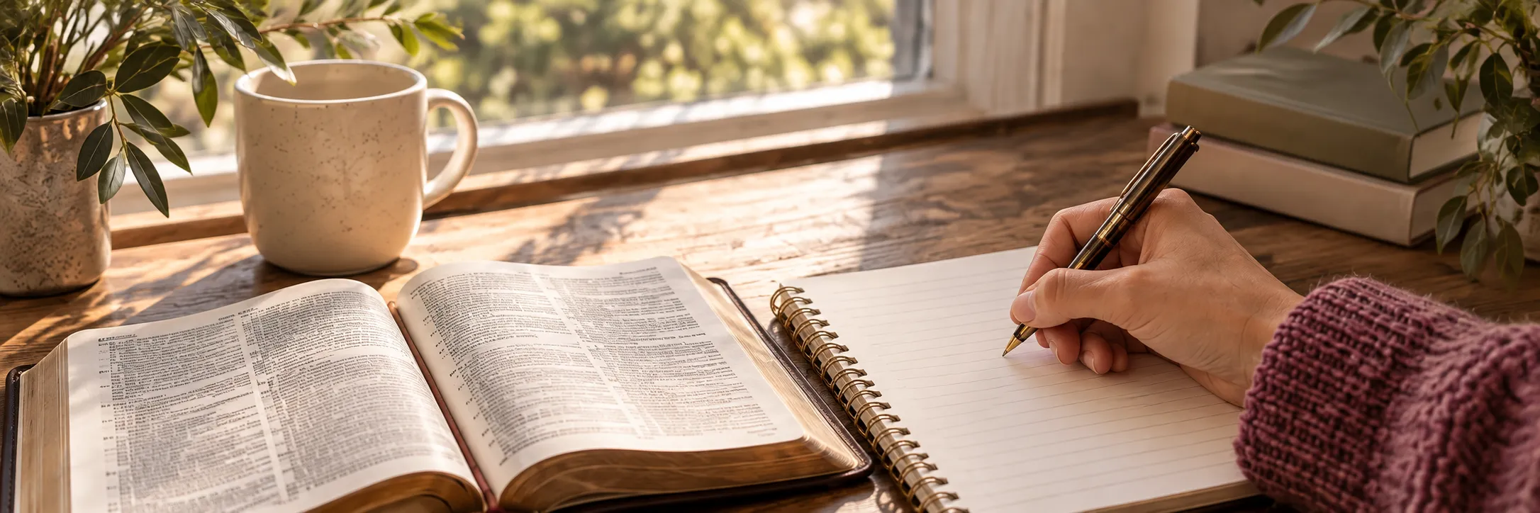 Una Biblia abierta, un cuaderno y una mano que escribe junto a una ventana con luz natural.