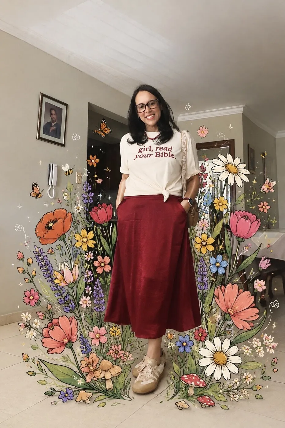 Masiel entre flores ilustradas