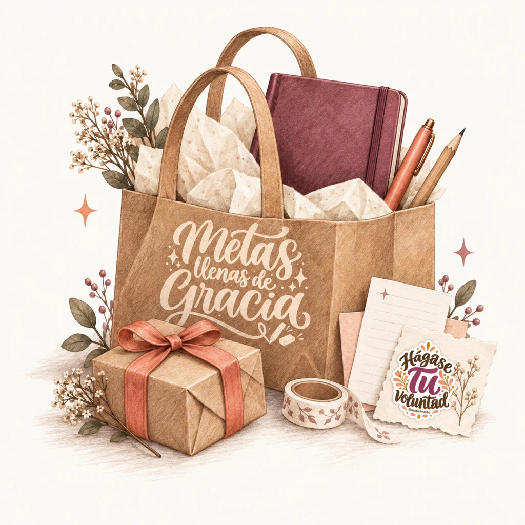 Bolsa de regalos con el lettering Metas Llenas de Gracia en beige claro, libreta y detalles de journaling; sticker Hágase Tu voluntad sobre el papel con una ramita