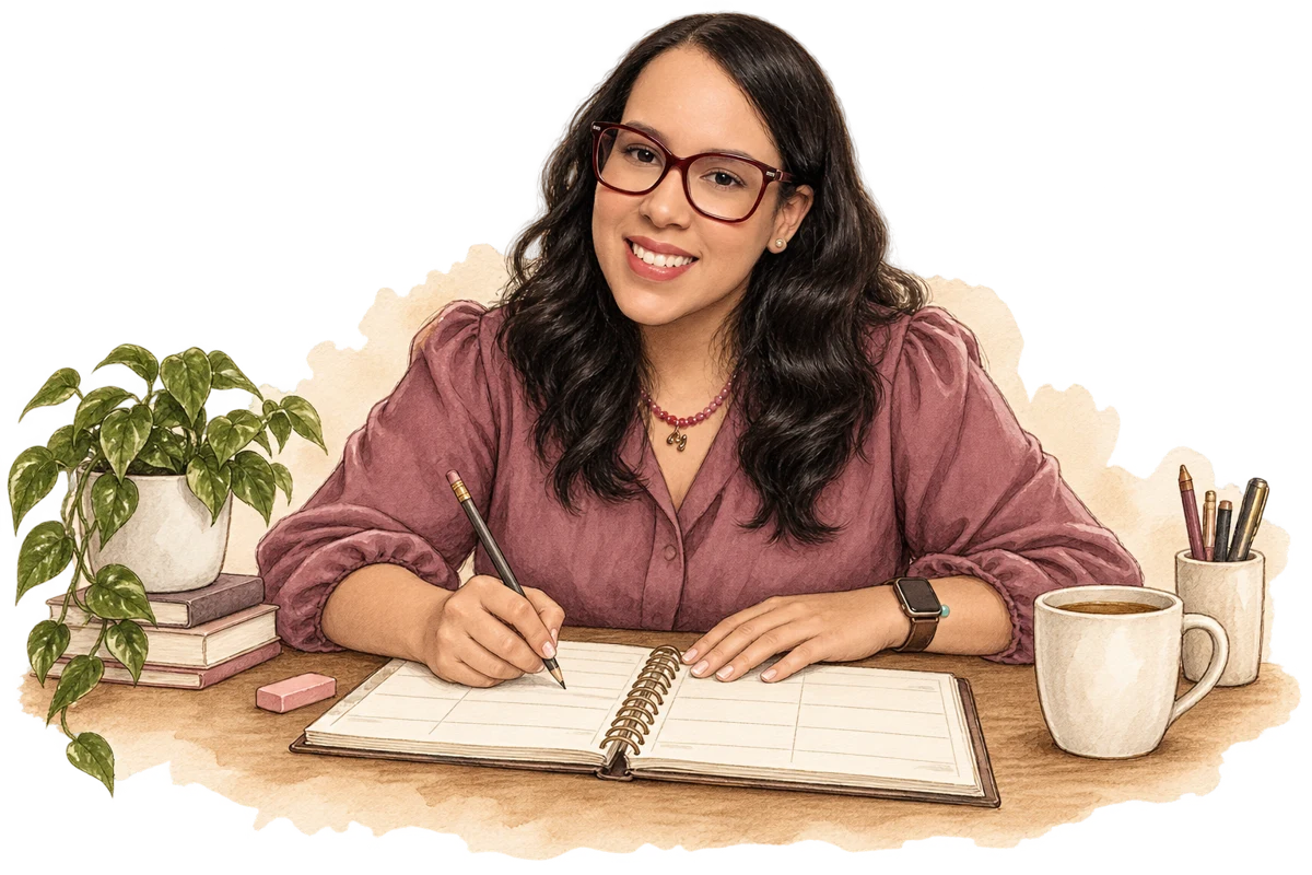 Ilustración de Masiel trabajando con su agenda